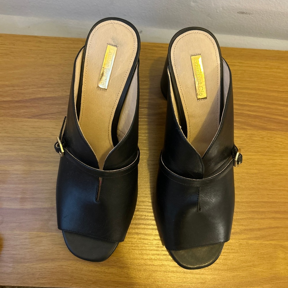 Louise et Cie Kimba Black Leather Block Heel Mules Gold Buckle Open Toe 9M - Picture 5 of 11